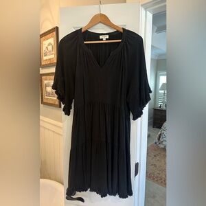 Black Linen/Cotton tiered swing dress with Y neckline and frayed hems